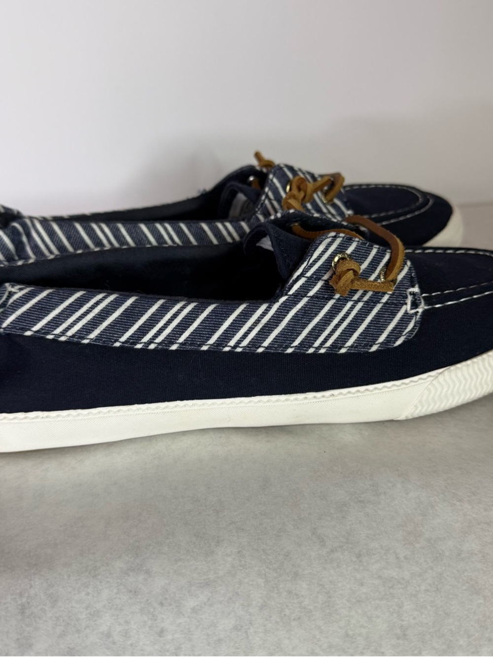 Sperry Navy Blue Striped Canvas Boat Shoes with Tan Laces - Picture 2 of 7